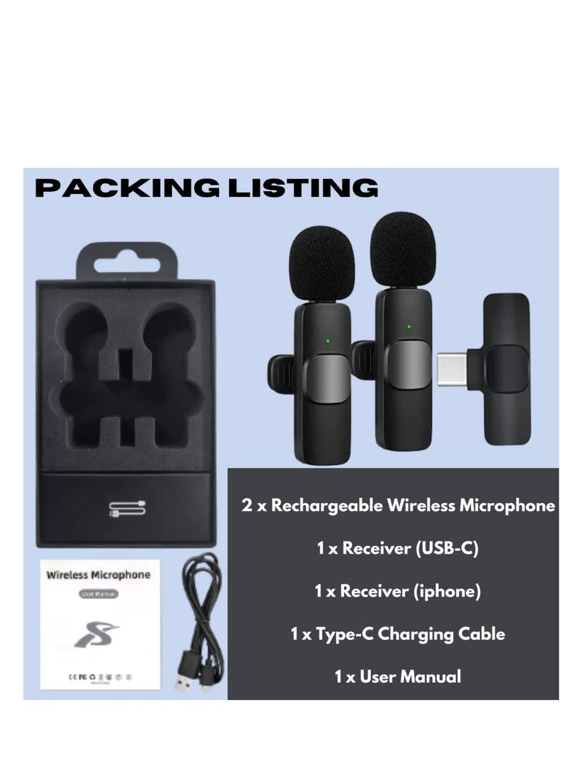 Generic - K9 Wireless Microphone Dual Omnidirectional Recording Clip Mic with Receiver for Type-C Lightning  Camera Laptop for Vlogging YouTube Online Class Zoom Call - Image 1