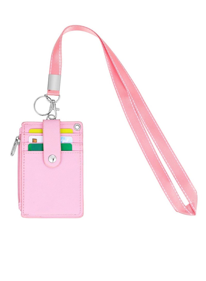 Excefore حامل شارة بسحاب، حامل شارة هوية لطيف، محفظة جلدية لحامل بطاقات الائتمان بسحاب مع حزام، 2 جانب، 5 فتحات للبطاقات وسلسلة مفاتيح للأولاد والبنات - Image 5