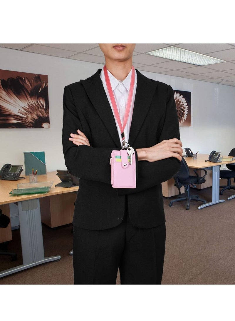 Excefore حامل شارة بسحاب، حامل شارة هوية لطيف، محفظة جلدية لحامل بطاقات الائتمان بسحاب مع حزام، 2 جانب، 5 فتحات للبطاقات وسلسلة مفاتيح للأولاد والبنات - Image 2