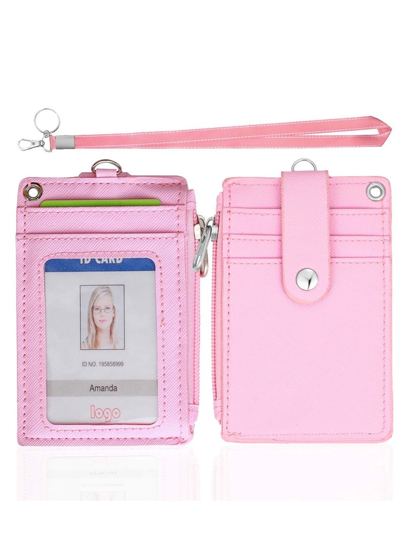 Excefore حامل شارة بسحاب، حامل شارة هوية لطيف، محفظة جلدية لحامل بطاقات الائتمان بسحاب مع حزام، 2 جانب، 5 فتحات للبطاقات وسلسلة مفاتيح للأولاد والبنات - Image 1