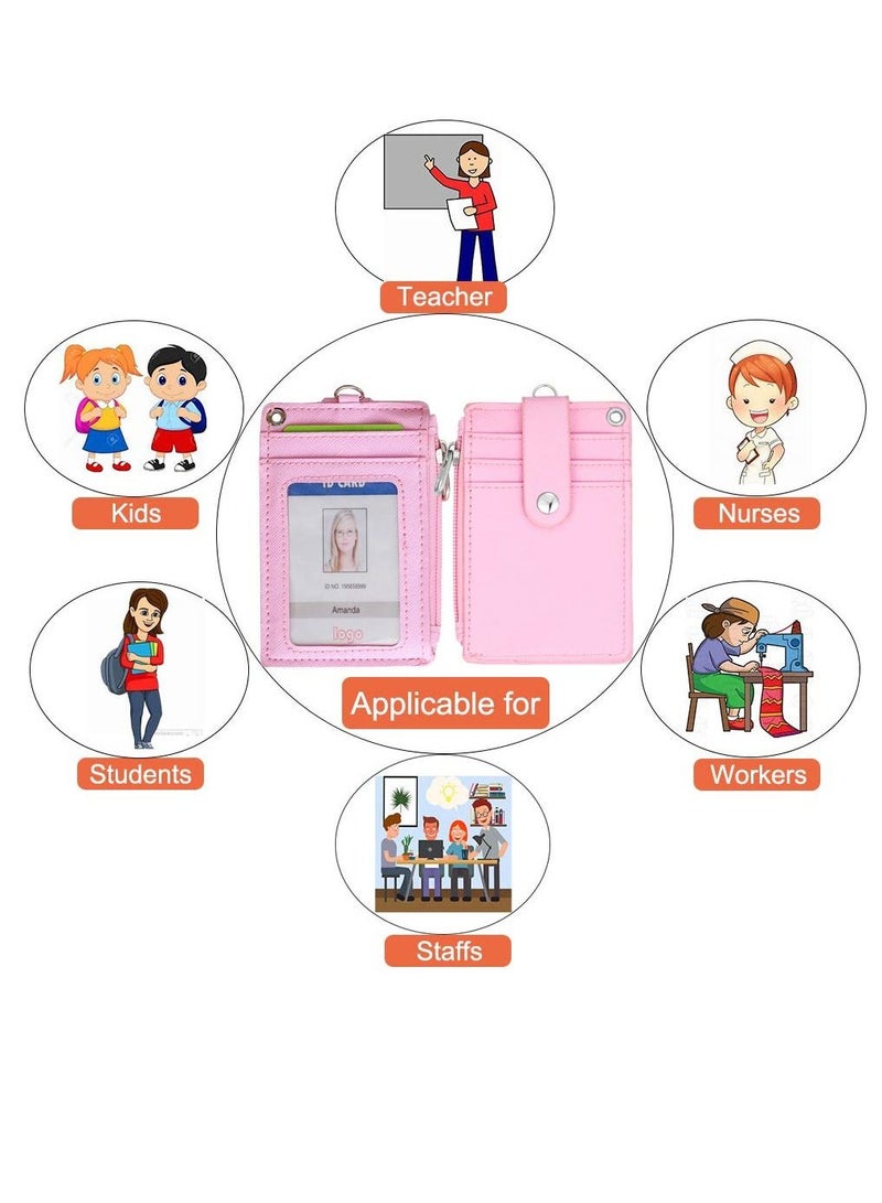 Excefore حامل شارة بسحاب، حامل شارة هوية لطيف، محفظة جلدية لحامل بطاقات الائتمان بسحاب مع حزام، 2 جانب، 5 فتحات للبطاقات وسلسلة مفاتيح للأولاد والبنات - Image 4