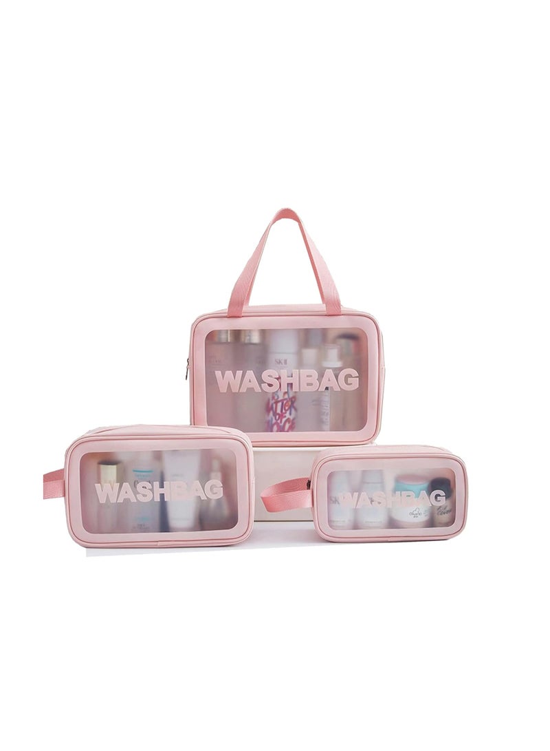 3pcs Clear Makeup Bag Set Large Capacity Bathroom Bag PVC Plastic Portable Collection for Women Fashion Pink - Image 1