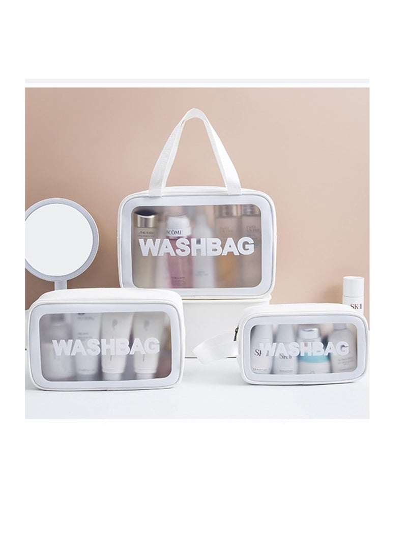 3pcs Clear Makeup Bag Set Large Capacity Bathroom Bag PVC Plastic Portable Collection for Women Fashion Pink - Image 2
