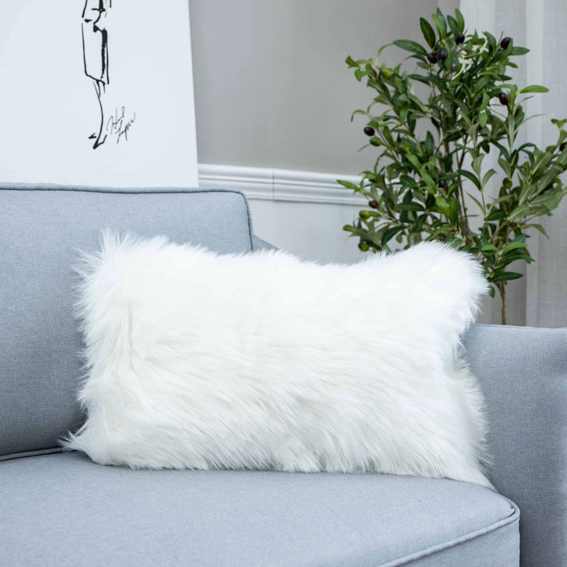 LIGICKY Decorative Lumbar Soft Faux Fur Throw Pillow Cover Luxury Series Rectangle Plush Pillow Case Cushion Cover for Couch Sofa Bed (12" x 20", White) - Image 1