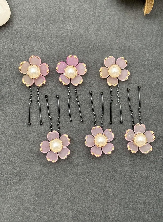 Twinsho Flower Hair Pins with Pearl Center, Gold Trim, Set of 6, Bridal Wedding Hair Accessories, Wedding Hair Clip for Women, Hair Accessory (Pink) - Image 2
