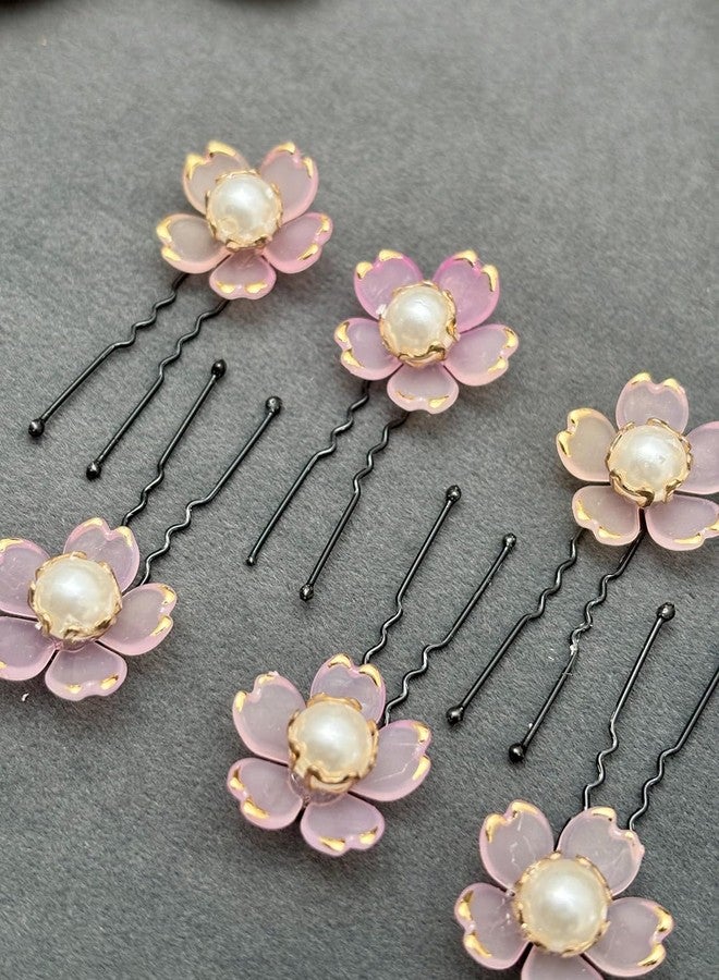 Twinsho Flower Hair Pins with Pearl Center, Gold Trim, Set of 6, Bridal Wedding Hair Accessories, Wedding Hair Clip for Women, Hair Accessory (Pink) - Image 4