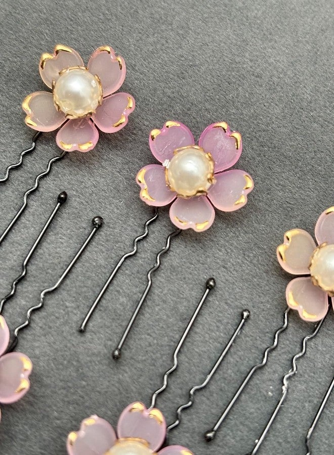 Twinsho Flower Hair Pins with Pearl Center, Gold Trim, Set of 6, Bridal Wedding Hair Accessories, Wedding Hair Clip for Women, Hair Accessory (Pink) - Image 5