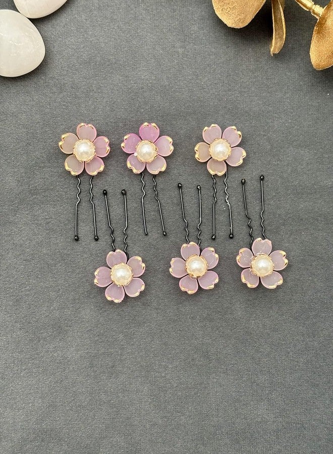 Twinsho Flower Hair Pins with Pearl Center, Gold Trim, Set of 6, Bridal Wedding Hair Accessories, Wedding Hair Clip for Women, Hair Accessory (Pink) - Image 1