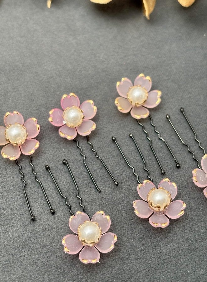 Twinsho Flower Hair Pins with Pearl Center, Gold Trim, Set of 6, Bridal Wedding Hair Accessories, Wedding Hair Clip for Women, Hair Accessory (Pink) - Image 3