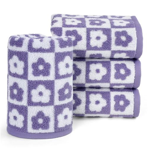 Jacquotha Cotton Hand Towels Lilac Checkered Floral - Quick Drying Hand Towel Set of 4, for Women Girls Bathroom Decor, 29” x 13” - Image 1