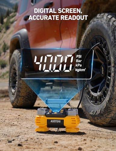 AstroAI Portable 160 PSI DC Heavy Duty Tire Inflator Pump Auto Shutoff with Screen, Dual Cylinders & Dual Motors, 12V Air Compressor for SUVs, RVs, ORVs, Cars, Air Mattresses, etc. Yellow(NO AC) - Image 4