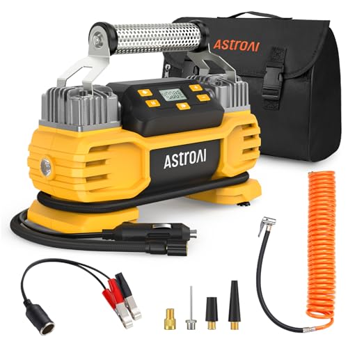 AstroAI Portable 160 PSI DC Heavy Duty Tire Inflator Pump Auto Shutoff with Screen, Dual Cylinders & Dual Motors, 12V Air Compressor for SUVs, RVs, ORVs, Cars, Air Mattresses, etc. Yellow(NO AC) - Image 1