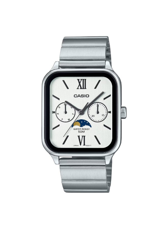 CASIO ساعة كاسيو MTP-M305D-7A2 للرجال بمرحلة القمر، هيكل من الفولاذ المقاوم للصدأ، قرص أبيض، تناظرية متعددة الوظائف – عرض اليوم والتاريخ، مقاومة للماء حتى 50 متر - Image 1