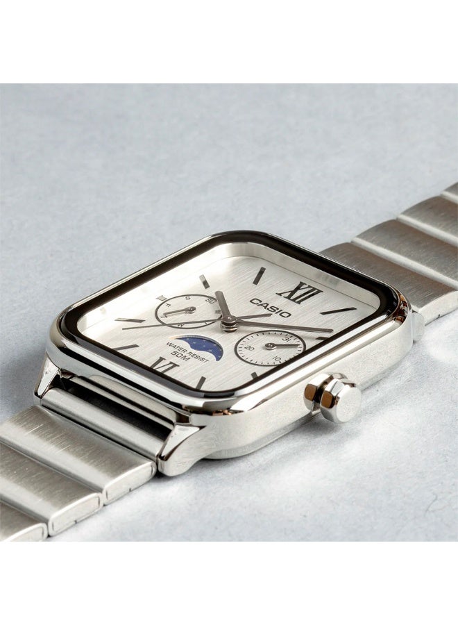 CASIO ساعة كاسيو MTP-M305D-7A2 للرجال بمرحلة القمر، هيكل من الفولاذ المقاوم للصدأ، قرص أبيض، تناظرية متعددة الوظائف – عرض اليوم والتاريخ، مقاومة للماء حتى 50 متر - Image 2