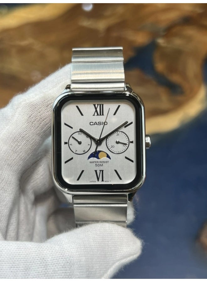 CASIO ساعة كاسيو MTP-M305D-7A2 للرجال بمرحلة القمر، هيكل من الفولاذ المقاوم للصدأ، قرص أبيض، تناظرية متعددة الوظائف – عرض اليوم والتاريخ، مقاومة للماء حتى 50 متر - Image 3