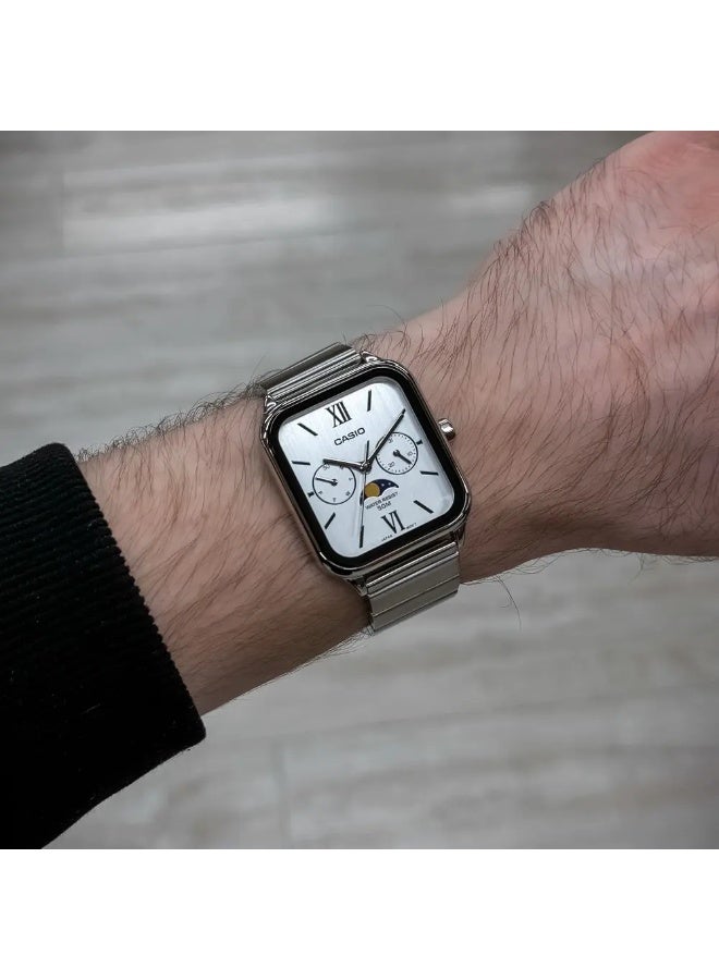 CASIO ساعة كاسيو MTP-M305D-7A2 للرجال بمرحلة القمر، هيكل من الفولاذ المقاوم للصدأ، قرص أبيض، تناظرية متعددة الوظائف – عرض اليوم والتاريخ، مقاومة للماء حتى 50 متر - Image 4
