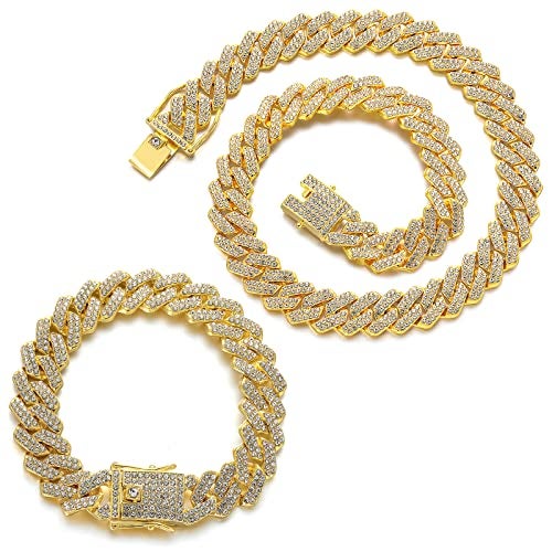 JUNVirtuous 2 Pieces Cuban Link Chain Mens Iced Out Miami Cuban Necklace and Bracelet Silver Bling Diamond Hip Hop Jewelry for Men and Women (Gold, 8" Bracelet and 16" Necklace) - Image 1