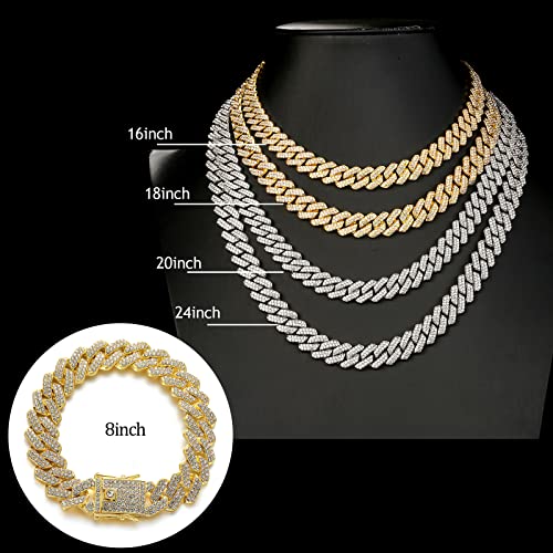 JUNVirtuous 2 Pieces Cuban Link Chain Mens Iced Out Miami Cuban Necklace and Bracelet Silver Bling Diamond Hip Hop Jewelry for Men and Women (Gold, 8" Bracelet and 16" Necklace) - Image 2