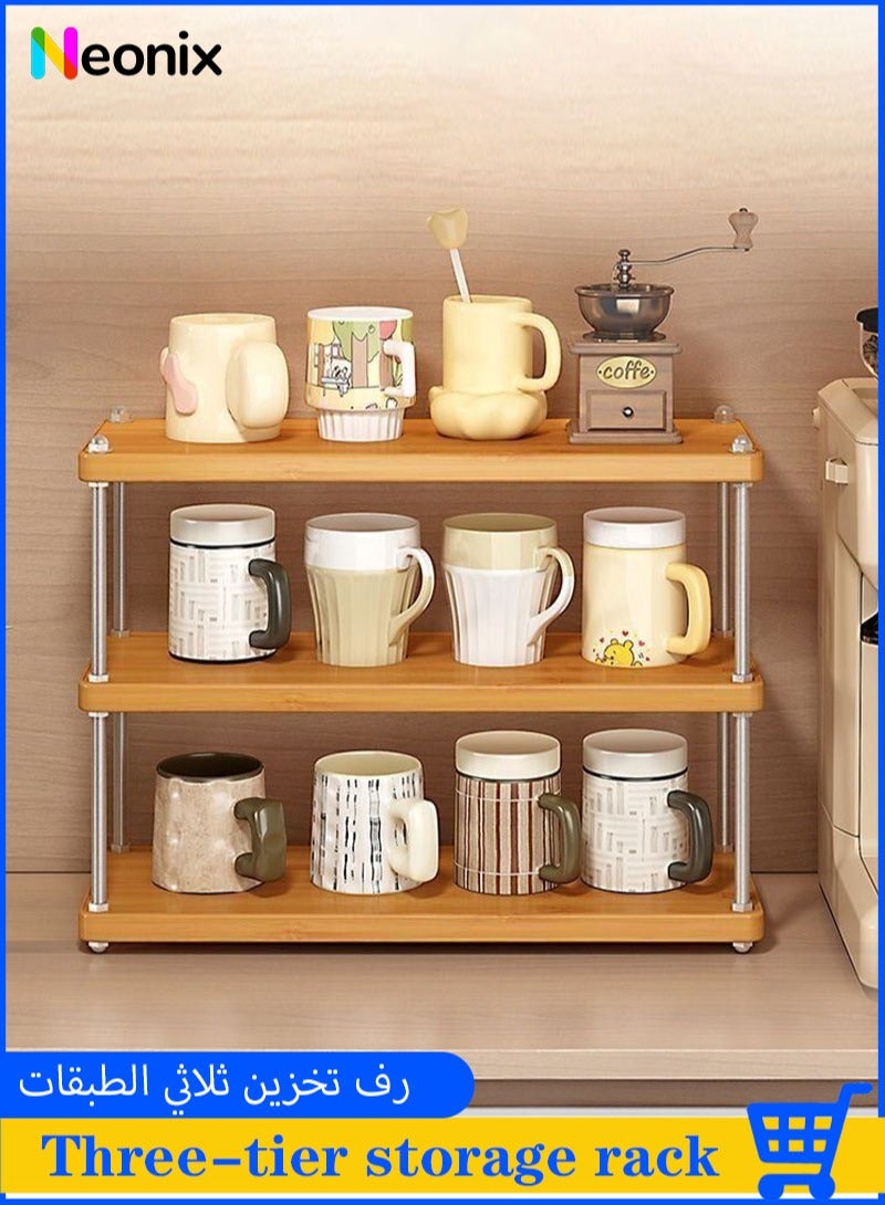 Neonix A three-tier wooden desktop storage rack, featuring desk accessories: a simple dressing table, storage shelves, a coffee cup holder, and a multifunctional desktop organizer. Suitable for use in home offices, kitchens, dining areas, and other spaces. - Image 1