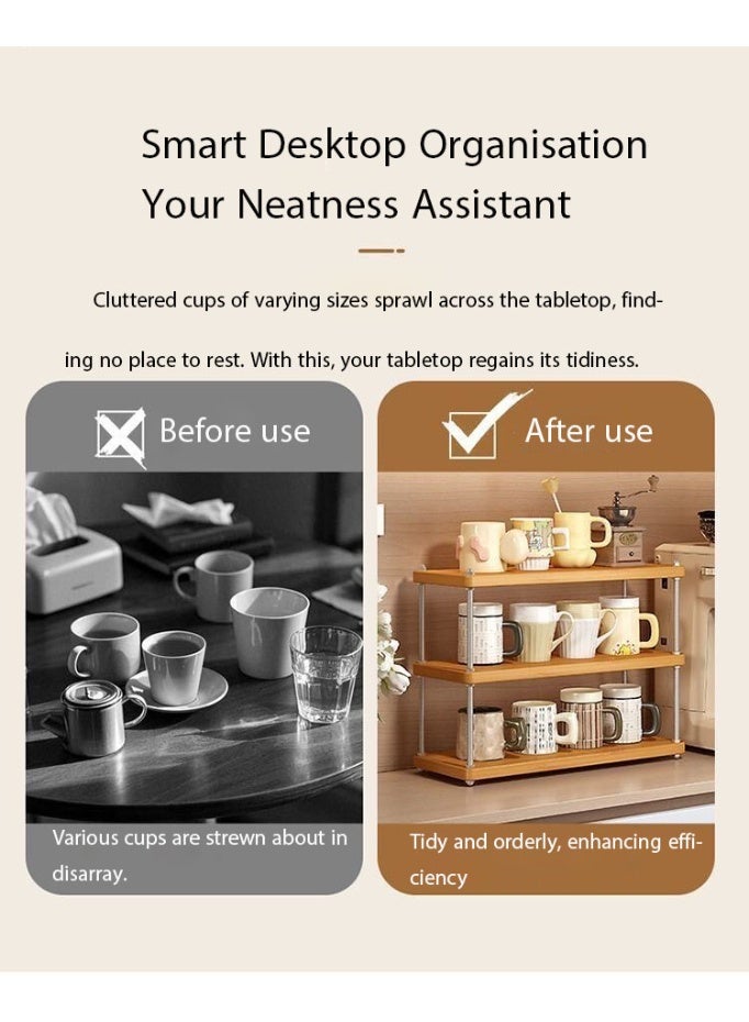 Neonix A three-tier wooden desktop storage rack, featuring desk accessories: a simple dressing table, storage shelves, a coffee cup holder, and a multifunctional desktop organizer. Suitable for use in home offices, kitchens, dining areas, and other spaces. - Image 5