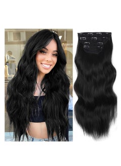 SYOSI Clip in Long Soft Glam Waves Thick Hairpieces Black Hair Extensions Synthetic Fiber Double Weft, Extension for Women Natural Synthetic Clip in Extensions for Women Full Head 4PCS  - Image 1