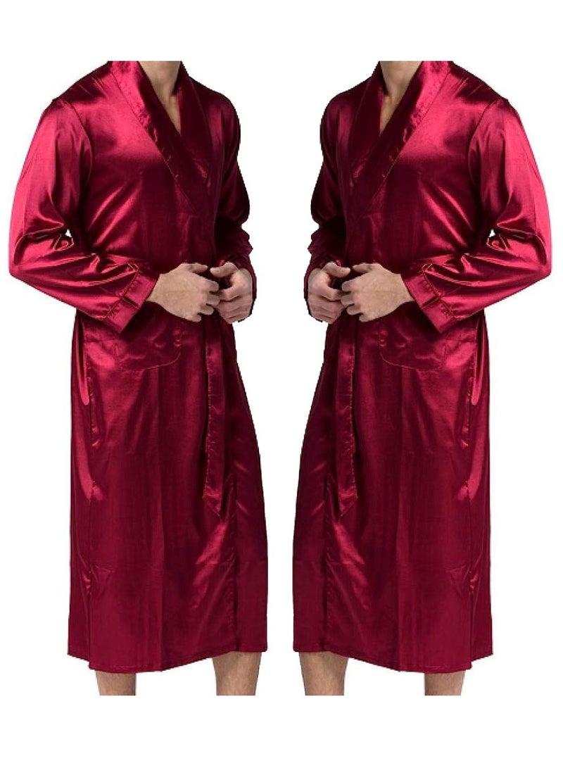MARGOUN Men's Dressing Gown Kimono Robe Lightweight Silk Long Sleeved Home Sleepwear Loungewear Red Small(Length 44''/Chest 22'') - Image 4