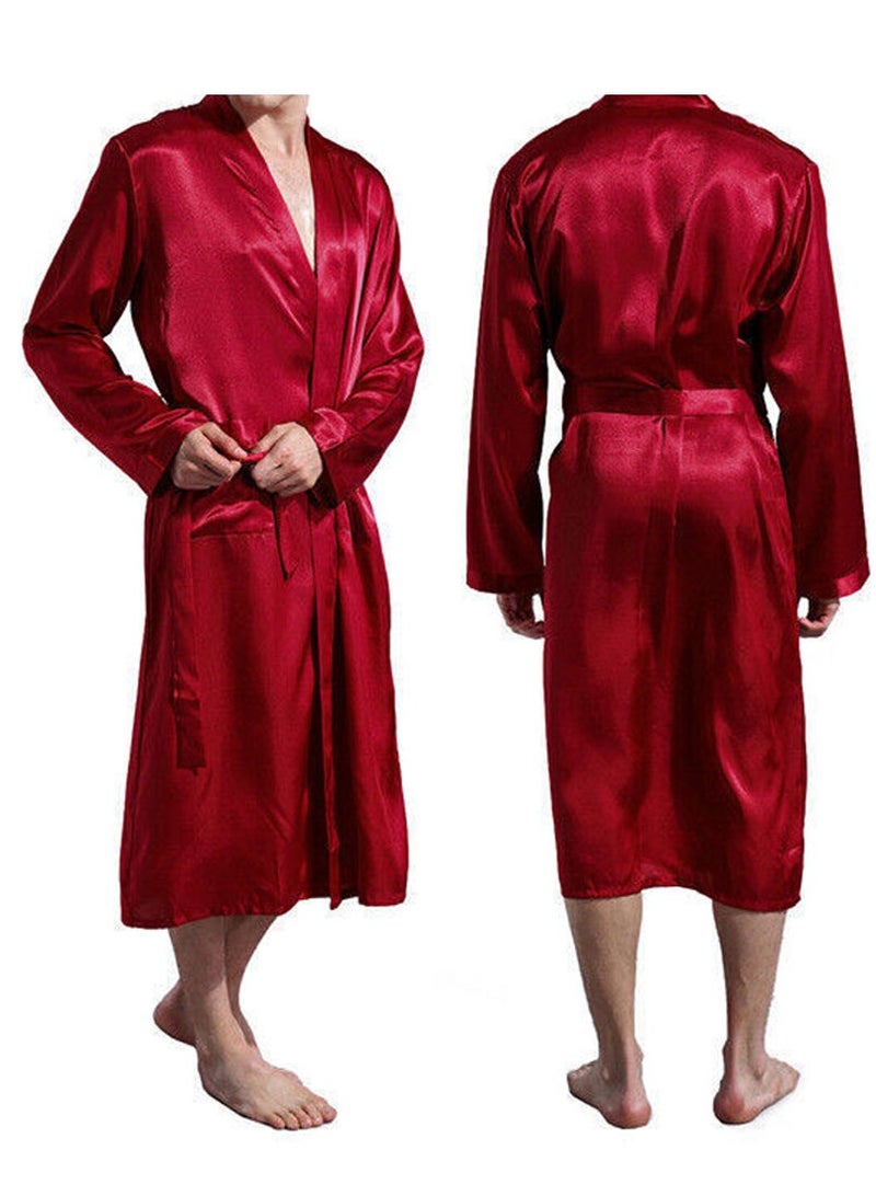 MARGOUN Men's Dressing Gown Kimono Robe Lightweight Silk Long Sleeved Home Sleepwear Loungewear Red Small(Length 44''/Chest 22'') - Image 3