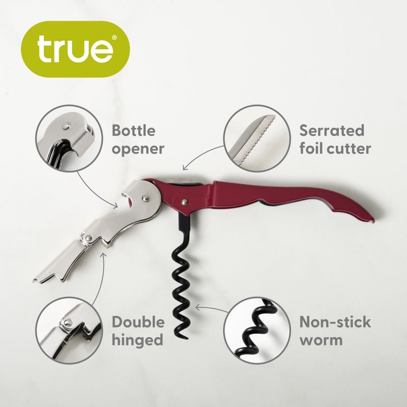 True Truetap Double Hinged Waiter's Corkscrew Wine Opener, Stainless Steel Wine Bottle Opener with Built In Foil Cutter, Home Bar Tools, Bar Cart Accessories, Wedding Gifts, Set of 1, Burgundy - Image 2