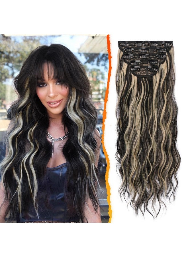 BARSDAR Clip in Hair Extensions - 20 Inch Highlight Wavy Clip in Hair Extensions for Women - 5PCs Thick Soft Synthetic Clip in Hairpieces Daily Party Halloween- Black Mix Blonde - Image 1