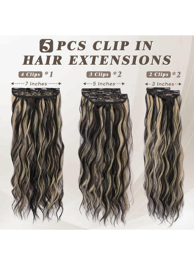 BARSDAR Clip in Hair Extensions - 20 Inch Highlight Wavy Clip in Hair Extensions for Women - 5PCs Thick Soft Synthetic Clip in Hairpieces Daily Party Halloween- Black Mix Blonde - Image 2