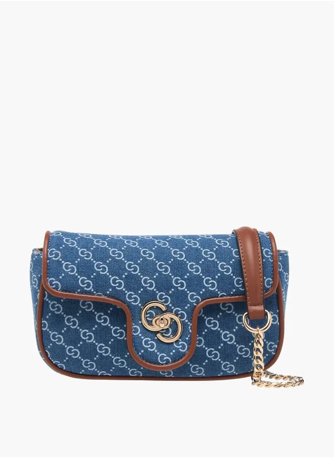 Celeste Women Monogram Print Denim Crossbody Bag with Detachable Chain Strap