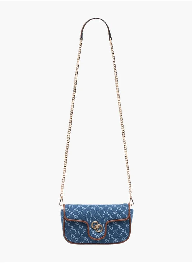 Celeste Women Monogram Print Denim Crossbody Bag with Detachable Chain Strap