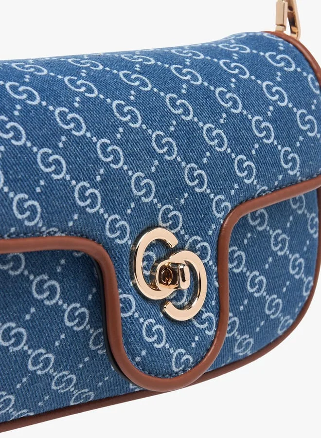 Celeste Women Monogram Print Denim Crossbody Bag with Detachable Chain Strap