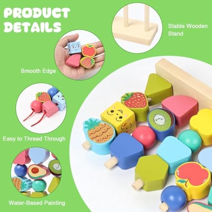 WOODEN STACKING BEADS & LACING THREADING FOR TODDLERS & KIDS | EDUCATIONAL FRUIT SEQUENCING BLOCKS SET FOR FINE MOTOR SKILL DEVELOPMENT | PRESCHOOL LEARNING ACTIVITY GIFT FOR BOYS & GIRLS - Image 4