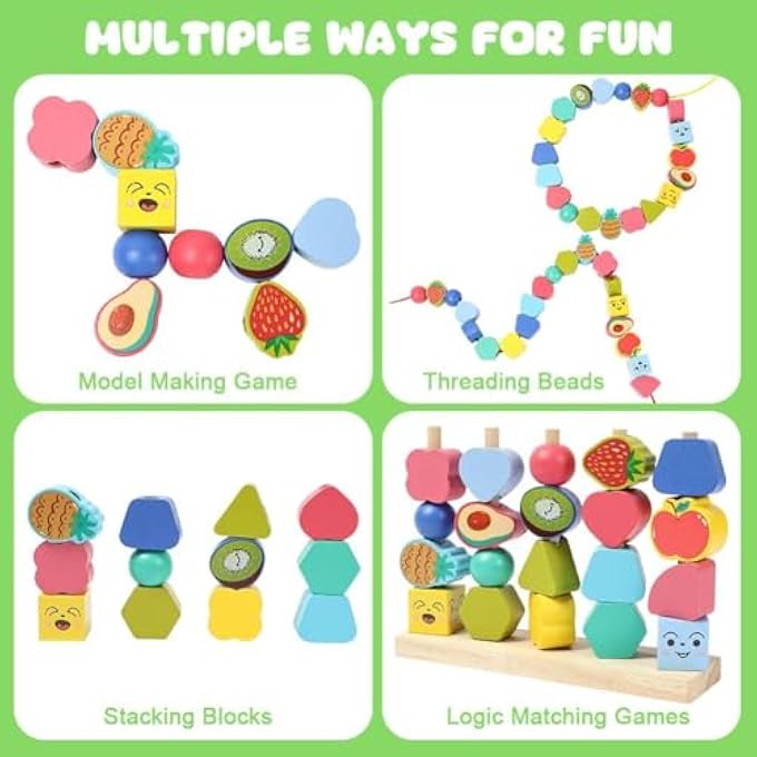 WOODEN STACKING BEADS & LACING THREADING FOR TODDLERS & KIDS | EDUCATIONAL FRUIT SEQUENCING BLOCKS SET FOR FINE MOTOR SKILL DEVELOPMENT | PRESCHOOL LEARNING ACTIVITY GIFT FOR BOYS & GIRLS - Image 3