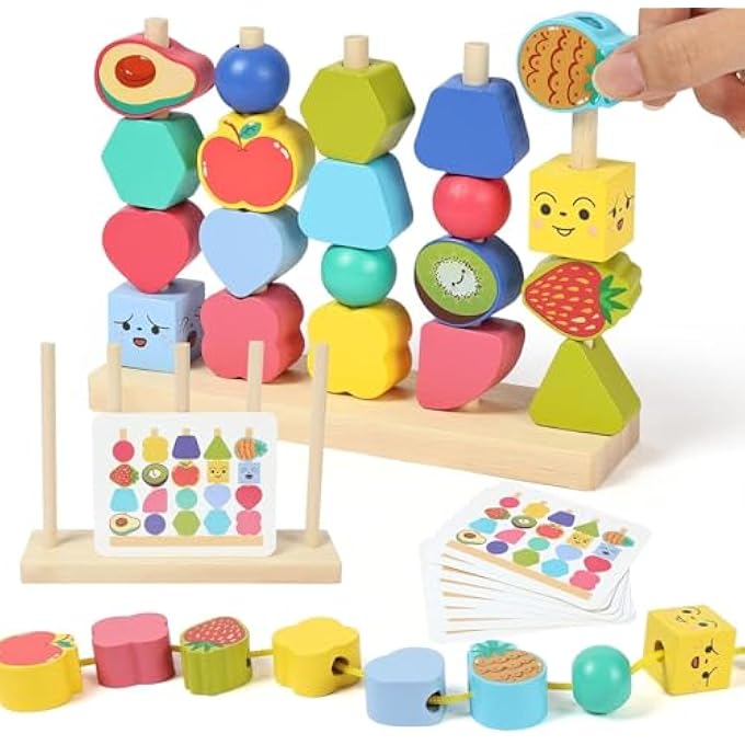 WOODEN STACKING BEADS & LACING THREADING FOR TODDLERS & KIDS | EDUCATIONAL FRUIT SEQUENCING BLOCKS SET FOR FINE MOTOR SKILL DEVELOPMENT | PRESCHOOL LEARNING ACTIVITY GIFT FOR BOYS & GIRLS - Image 1