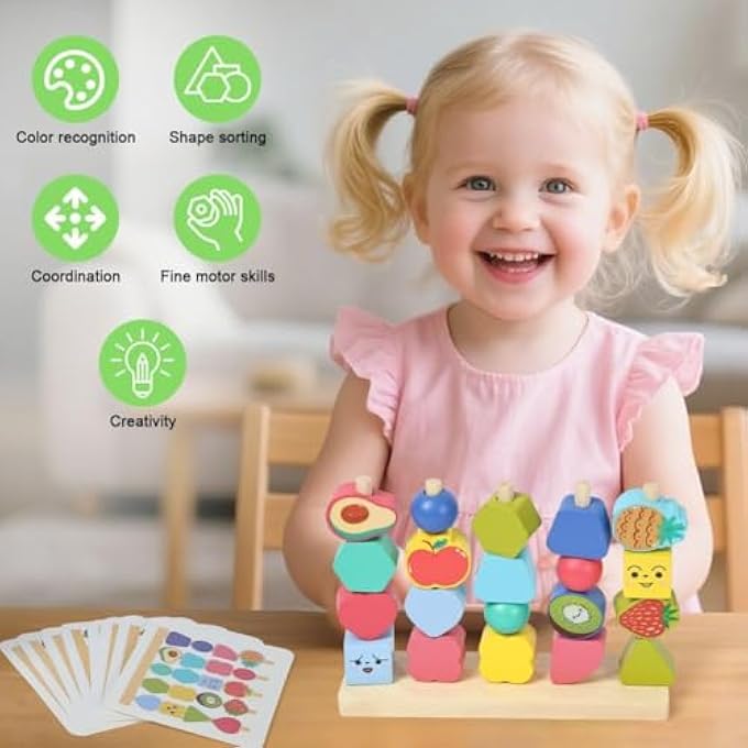 WOODEN STACKING BEADS & LACING THREADING FOR TODDLERS & KIDS | EDUCATIONAL FRUIT SEQUENCING BLOCKS SET FOR FINE MOTOR SKILL DEVELOPMENT | PRESCHOOL LEARNING ACTIVITY GIFT FOR BOYS & GIRLS - Image 2