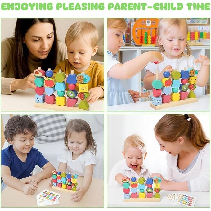 WOODEN STACKING BEADS & LACING THREADING FOR TODDLERS & KIDS | EDUCATIONAL FRUIT SEQUENCING BLOCKS SET FOR FINE MOTOR SKILL DEVELOPMENT | PRESCHOOL LEARNING ACTIVITY GIFT FOR BOYS & GIRLS - Image 5