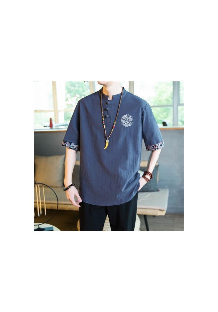 T-shirt Men's Chinese Style Embroidered Short-sleeved Linen Thin Top Trendy Brand T-shirt Cotton and Linen plus size Ethnic Style Half Sleeve - Image 1
