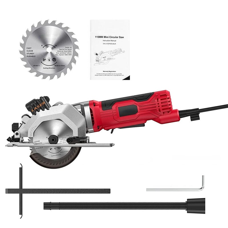 Mini Circular Saw: 4-1/2 Inch 115MM, Powerful 3700 RPM Copper Motor - 0°-45° Bevel & 23-48MM Variable Depth, Precise Cutting with Extraction Hose for Woodworking & DIY Projects - Image 1