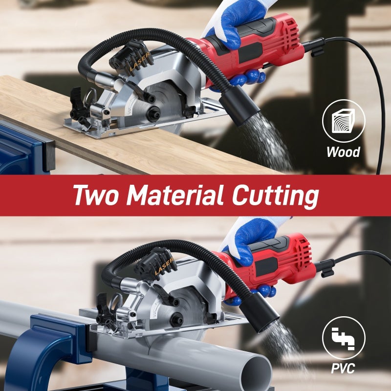 Mini Circular Saw: 4-1/2 Inch 115MM, Powerful 3700 RPM Copper Motor - 0°-45° Bevel & 23-48MM Variable Depth, Precise Cutting with Extraction Hose for Woodworking & DIY Projects - Image 5