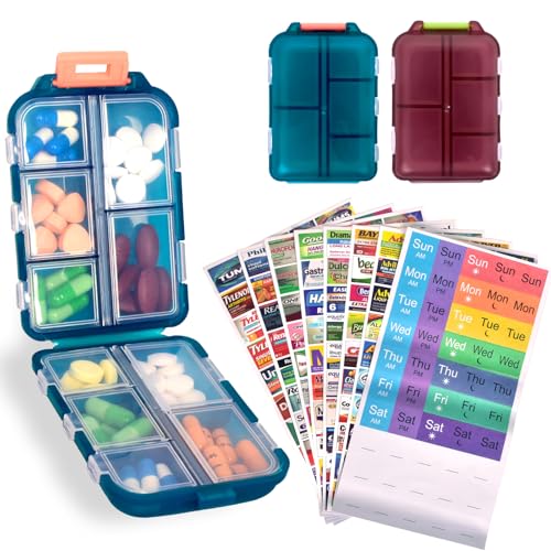 CAPHONT 2 Pcs Travel Pill Organizer with Labels, Portable Travel Medicine Daily Pill Container Organizer 7 Day Pill Case Storage Vitamin Fish Oil (Blue & Red, 320 Medicine Lables) - Image 1