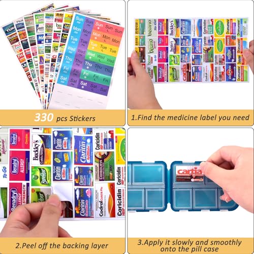 CAPHONT 2 Pcs Travel Pill Organizer with Labels, Portable Travel Medicine Daily Pill Container Organizer 7 Day Pill Case Storage Vitamin Fish Oil (Blue & Red, 320 Medicine Lables) - Image 3