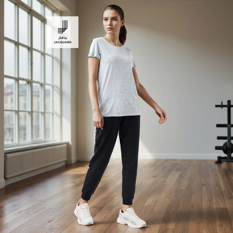 ادوت من سبلاش Jacquard Textured Round Neck T-shirt with Short Sleeves