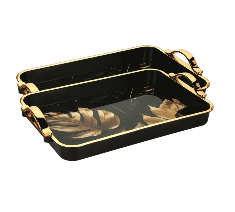 Nabhya صينية تقديم مزخرفة بأزهار مصنوعة من البلاستيك خالية من BPA مع مقبض للشاي والقهوة والوجبات الخفيفة وزينة المطبخ وطاولة الطعام (أسود، عبوة من 2) - Image 2