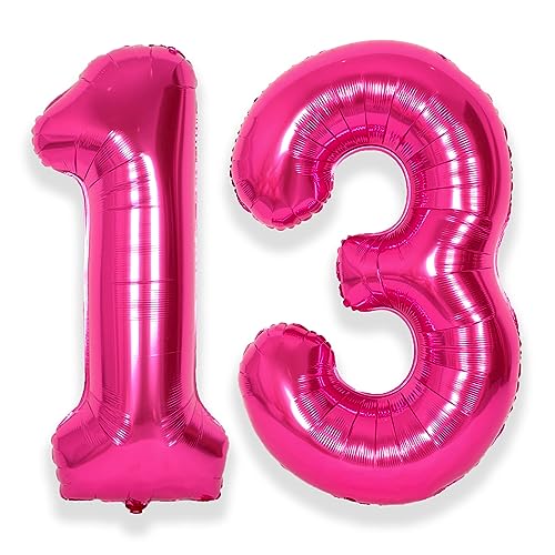 SUWEN 40 Inch Hot Pink Large 13 Number Balloons Big Foil Helium Number Balloons 09 Jumbo Happy 13th Mylar Birthday Party Decorations for Girl or Women 31 Anniversary Party Supplies - Image 1