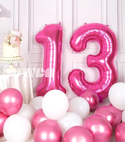 SUWEN 40 Inch Hot Pink Large 13 Number Balloons Big Foil Helium Number Balloons 09 Jumbo Happy 13th Mylar Birthday Party Decorations for Girl or Women 31 Anniversary Party Supplies - Image 5