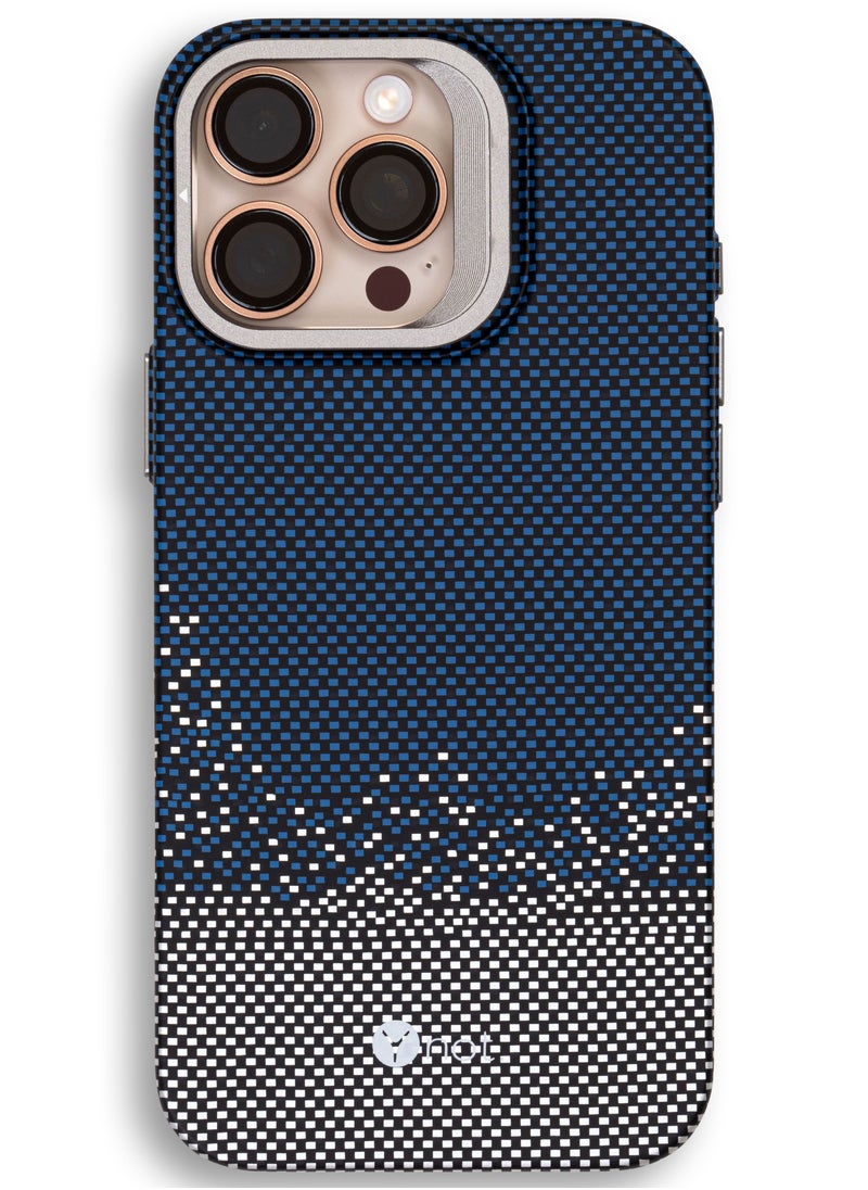 YNOT - MagSafe carbon fiber protection case with camera stand for iPhone 14 Pro - Blue dotted white - Image 1