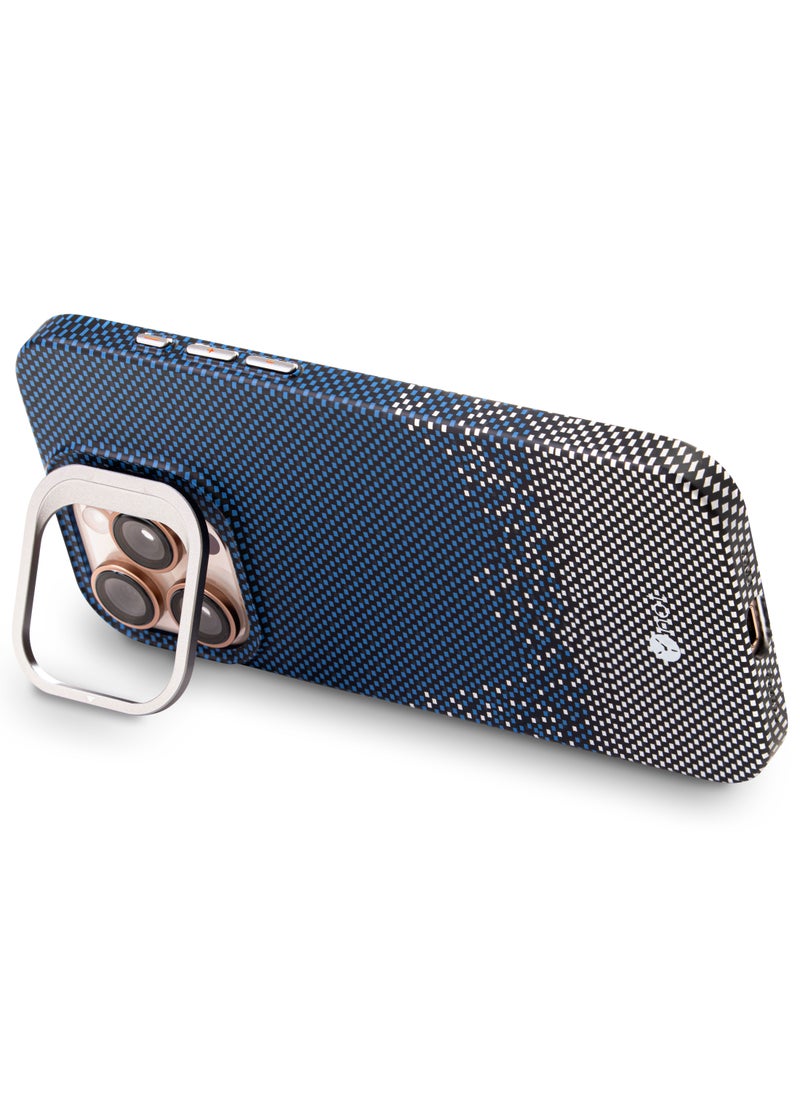 YNOT - MagSafe carbon fiber protection case with camera stand for iPhone 14 Pro - Blue dotted white - Image 1