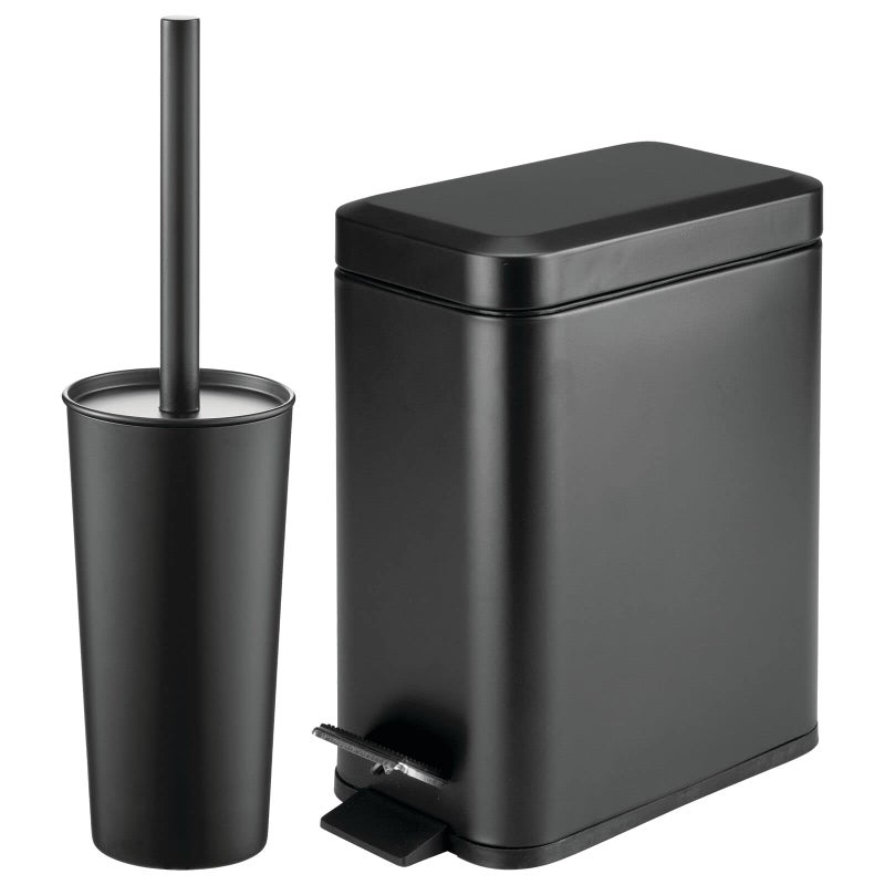 mDesign Metal Freestanding Slim Toilet Bowl Brush and Holder Rectangle Narrow 5 Liter 13 Gallon Step Pedal Trash Can Wastebasket for Bathroom Small Compact Design Set of 2 Black
